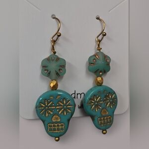 Handmade Turquoise Czech Glass Sugar Skull Earrings with Gold Accents & Beads